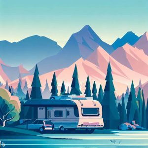 art rendering of RV in pine forest at base of mountain