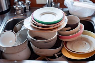 Pile of dirty dishes in RV sink