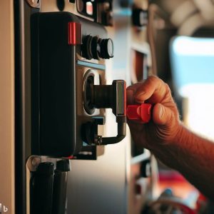 mans hand touching an RV Battery Disconnect Switch 