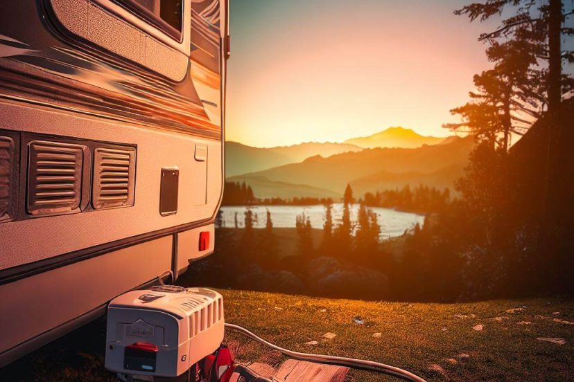 RV Generator and RV at sunset with lake and mountains in background