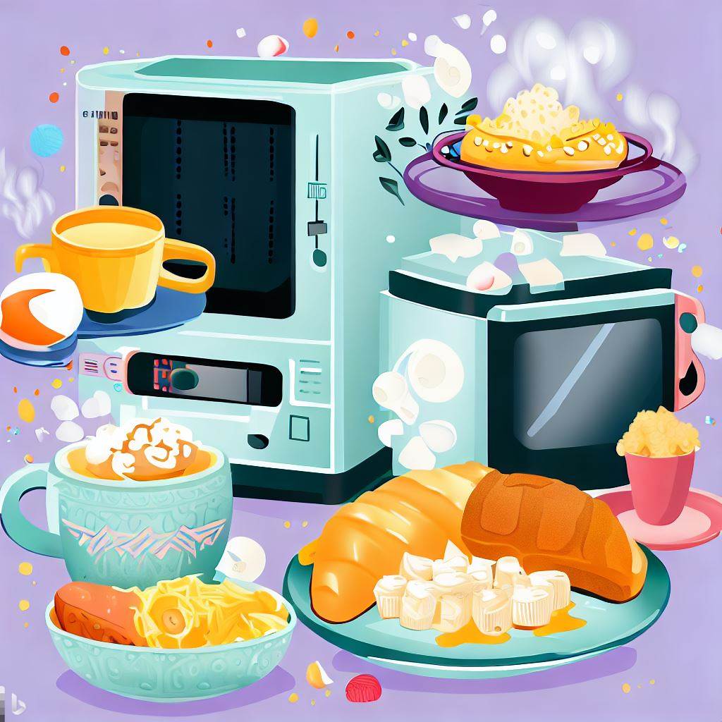 RV Microwaves with hot food plates, bowl of popcorn, and coffee mugs.