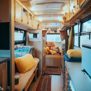 Interior of remodeled school bus into RV