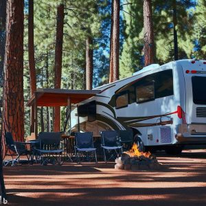 a monthly rented RV at campsite in a pine forest with chairs and a fire pit