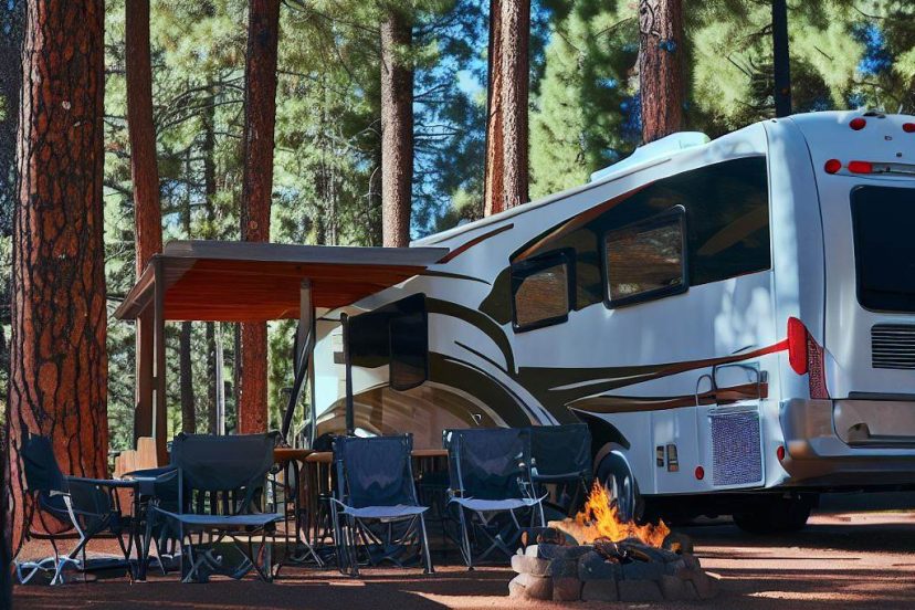 a monthly rented RV at campsite in a pine forest with chairs and a fire pit