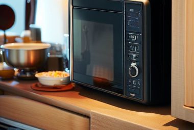 rv microwave oven in countertop space between cabinets