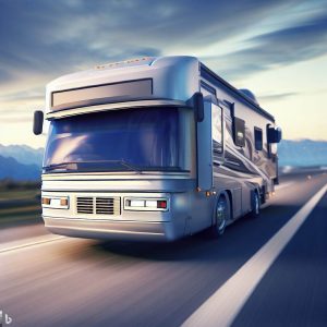 Rented RV driving down the highway