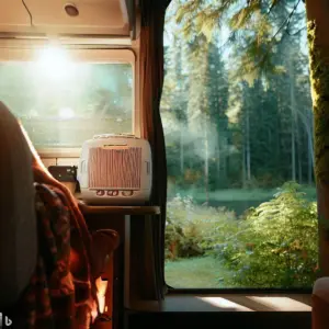 Portable Electric space heater sitting on the RV dashboard with a nice view of the campsite beyond