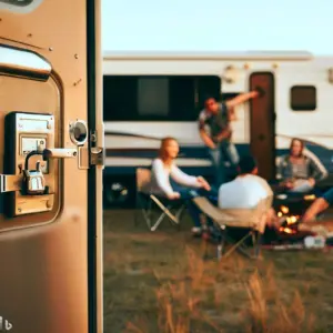 RV Door lock with people and camper in the distance