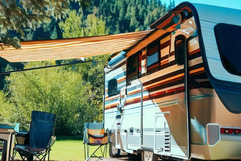 RV Slide Awning over a seating area providing shade at a campsite