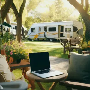 RV internet supplying wifi for a laptop on a table in front of an RV