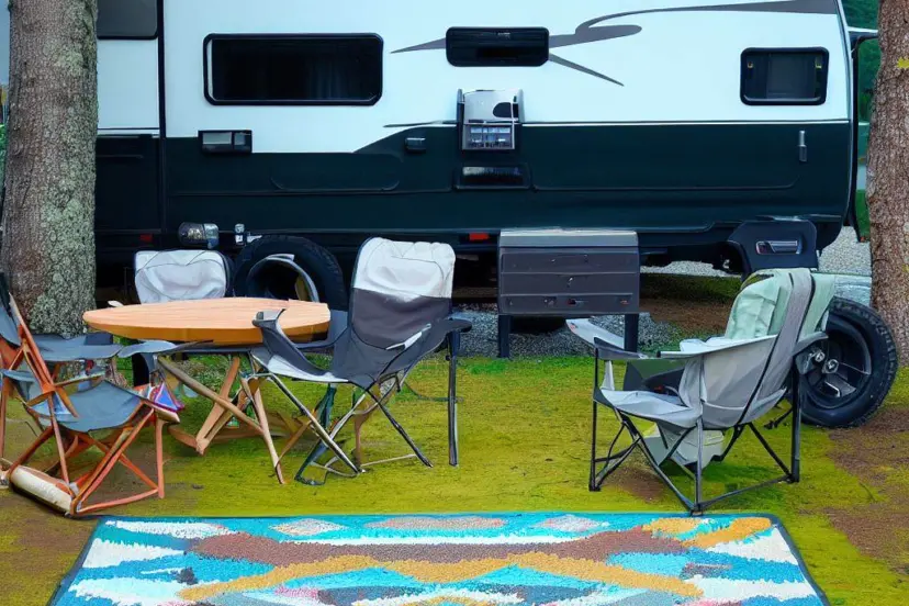 RV outdoor rug in front of a camper