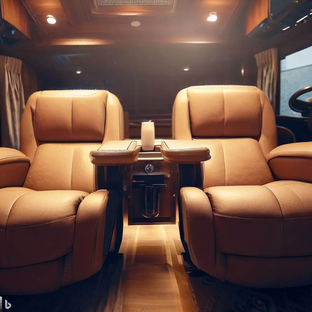 tan leather RV theater seating reclined with drink console in the middle