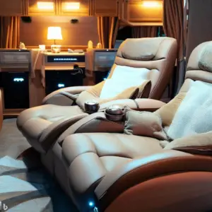 RV theater seats from side in a cozy RV with low lighting