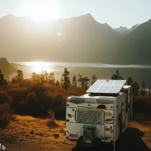 Solar generators powering an RV near a lake with mountains in the background