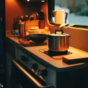 small electric RV stove with a pot in an RV kitchen