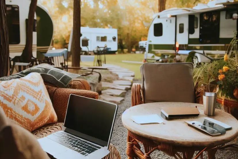 Internet for RV camping with a laptop sitting in a chair at a campsite with RVs in the background