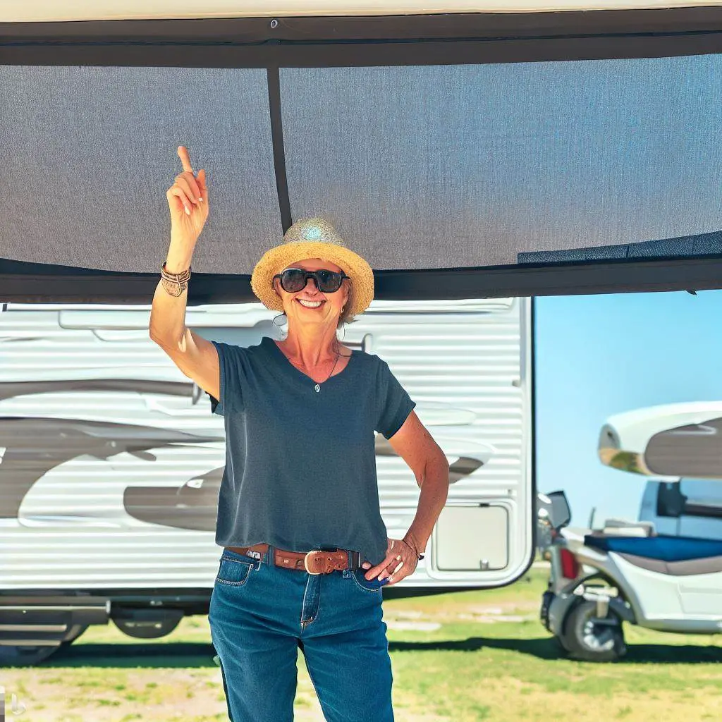 rv awning fabric patio shade with UV protection shading a woman in a hat and sun glasses.