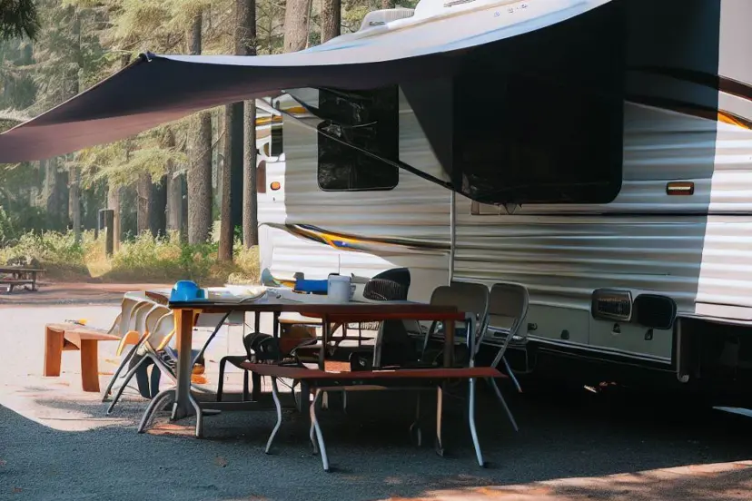rv awning parts and fabric extended from the side of a camper trailer over a picnic table and chairs at a tree-lined campsite