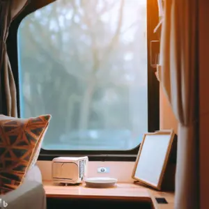 RV wifi booster sitting in a window of an RV