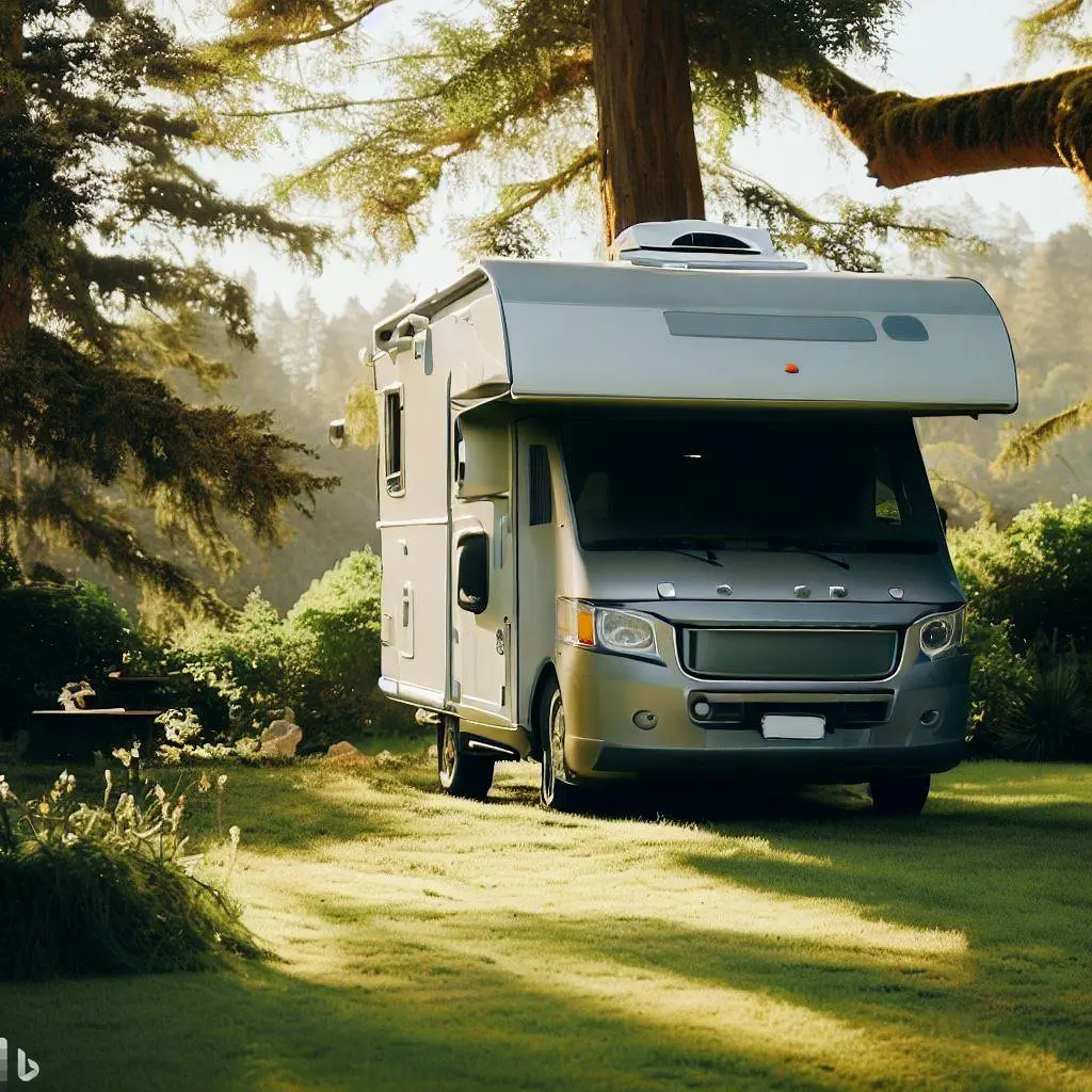 class c rv in a wooded camping site